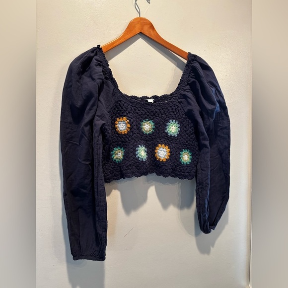 Aerie Navy Crochet Floral Women's Top large cottage core boho euro summer - Picture 10 of 10